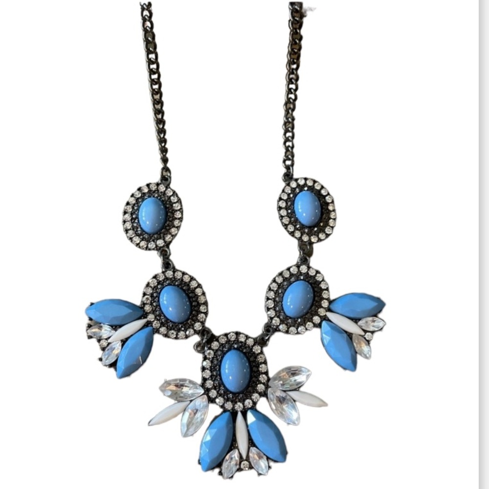Blue Black Crystal Oval Feather Rhinestone Statement Boho Luxury Retro Necklace